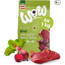 WOW Adult Dry Food with Beef, 6 x 1 kg Mini Croquettes, sausas maistas suaugusiems visų veislių šunims, geriausios kokybės, su daug mėsos, obuolių ir ropių, be grūdų ir labai suderinamas