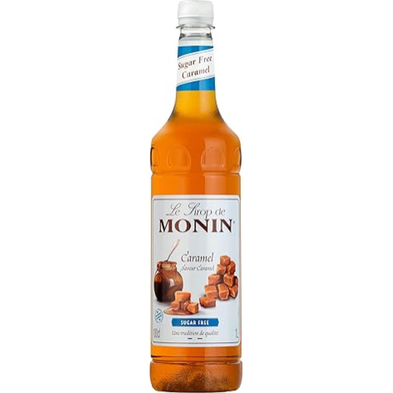 MONIN Premium karamelės sirupas be cukraus 1 l kavai ir kokteiliams Veganiškas, draugiškas alergiškiems žmonėms 100 proc. natūralių kvapiųjų medžiagų ir dažiklių Kavos sirupas be cukraus