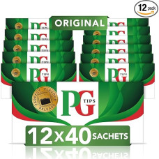 PG Tips Tea Sachets, Original Black Tea, with the Finest and Freshest Tea Leaves, for Daily Enjoyment, Pack of 12 x 40 Sachets, 480 Black Tea Bags