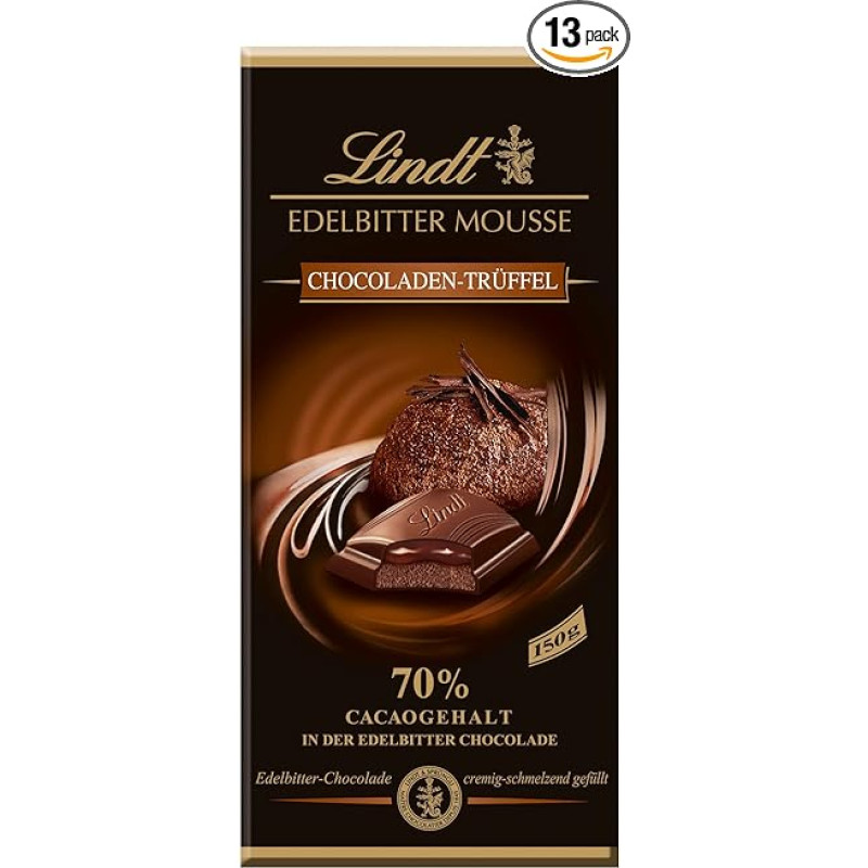 Lindt Edelbitter Mousse Chocolate Truffle Bar, 70% Cacao Content in Chocolade, Pack of 13 (13 x 150 g)