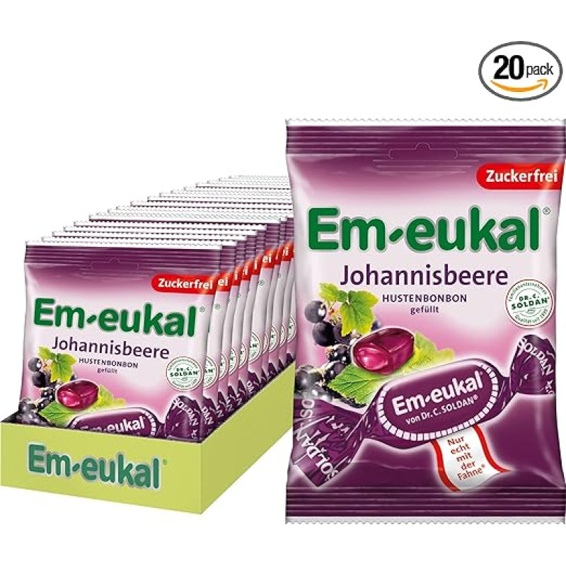 Em-eukal Cough Candy Currant, Sugar Free & Lactose Free, Lozenges with Vitamin C, No Sugar - 20 x 75 g