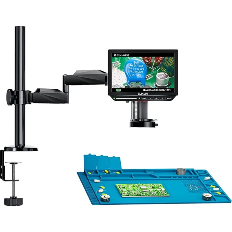 Elikliv EM4K Flex 4K litavimo skaitmeninis mikroskopas 2000x, lankstus rankos stovas, 10,1 colio HDMI mikroskopas su žiedine šviesa, 52MP pilnos monetos mikroskopas, LCD mikroskopas suaugusiesiems, elektronikos remonto kilimėlis, 64G