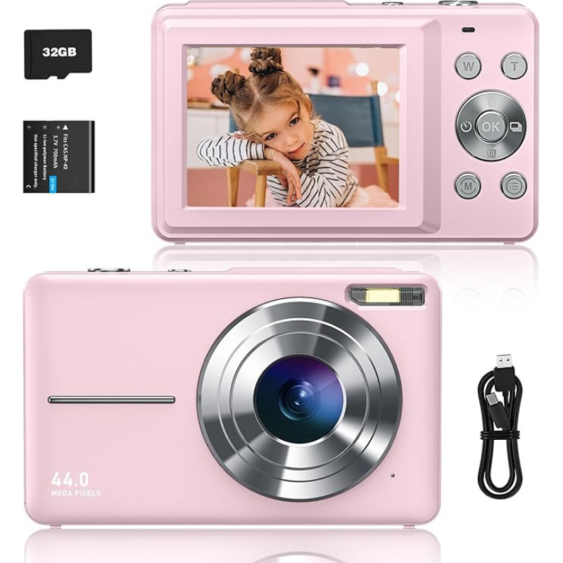 Sevenat Skaitmeninis fotoaparatas FHD 1080P 44MP Fotoaparatas Skaitmeninis fotoaparatas su 32G kortele 16X skaitmeninis priartinimas Kompaktiškas paprastas nešiojamas skaitmeninis fotoaparatas vaikams Senjorams Merginoms Pradedantiesiems Paaugliams