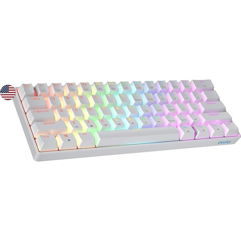 Geeky GK61 SE 60% Mechanical Gaming Keyboard, 61 Keys Multi Colour RGB LED Backlight for PC/Mac Gamers, ANSI US American Layout (White, Mechanical Speed Yellow)