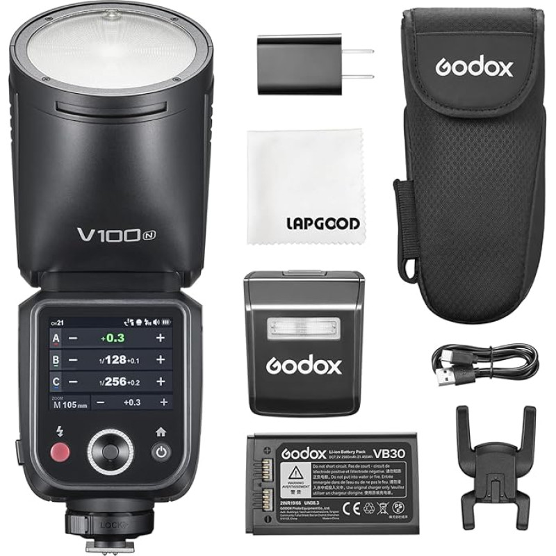Godox V100-N 100W TTL Camera Flash for Nikon, 2.4G Wireless Round Head Camera Flash with External Flash SU-1, HSS 1/8000s 2980 mAh Lithium Battery Flash Units, Godox V1Pro N Upgraded