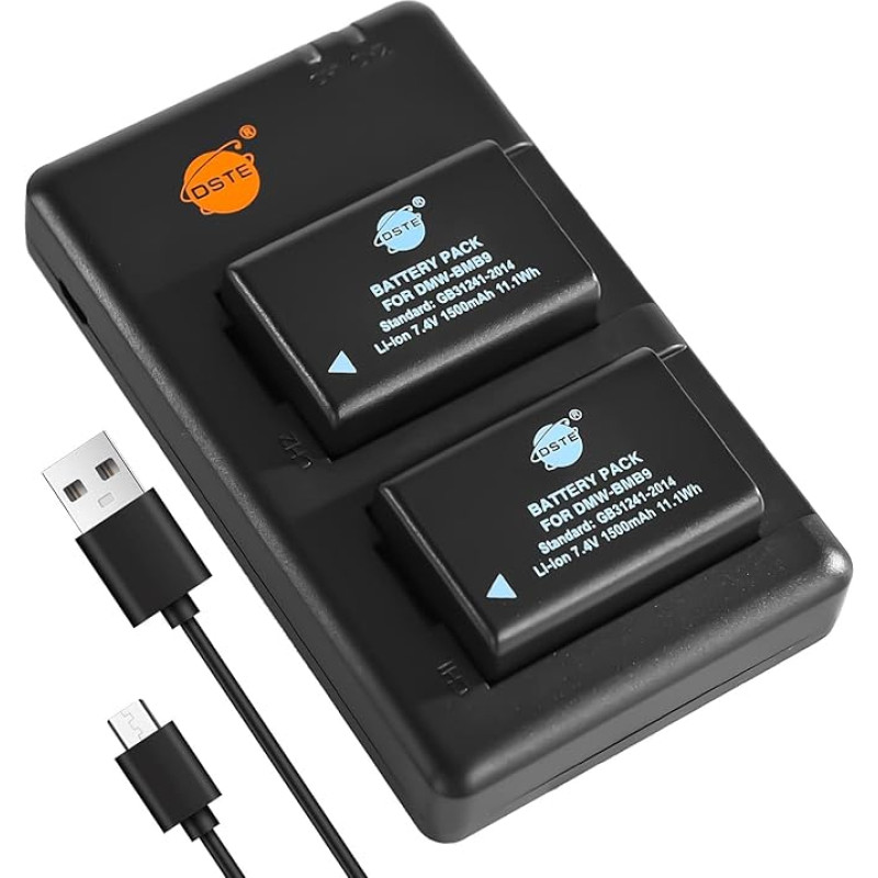 DSTE 2PCS Panasonic DMW-BMB9(1500mAh/7.4V) akumuliatoriaus įkroviklio rinkinys, skirtas Panasonic Lumix DMC-FZ40,DMC-FZ47,DMC-FZ48,DMC-FZ60,DMC-FZ62, DMC-FZ70,DMC-FZ72,DMC-FZ100,DMC-FZ150,V-Lux2,V-Lux3,Leica BP-DC9