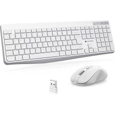 KOORUI Wireless Keyboard and Mouse 12 Multimedia and Shortcut Keys UK Layout Full Size Keyboard and Mouse Set for Windows, MacOS, Linux, Cool White (Batteries Not Included)