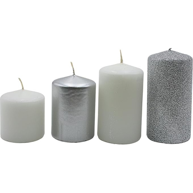 Advent candles, pillar candles, Advent wreath candles, table candles, block candle, table candle in silver-white and silver glitter, pack of 4, tiered from L/W/H 5 x 5 x 5 cm to L/W/H 5 x 5 x 9 cm