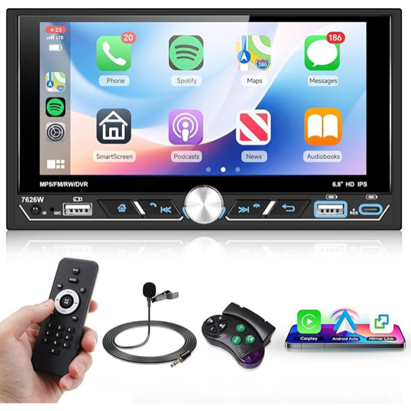 Hodozzy Double DIN Car Radio with Wireless Carplay Android Car, 6.8 Inch IPS Touchscreen 2 DIN Car Radio with Bluetooth, FM/AM/RDS Radio, EQ SWC USB/AUX, Coloured Backlight, Reversing Camera