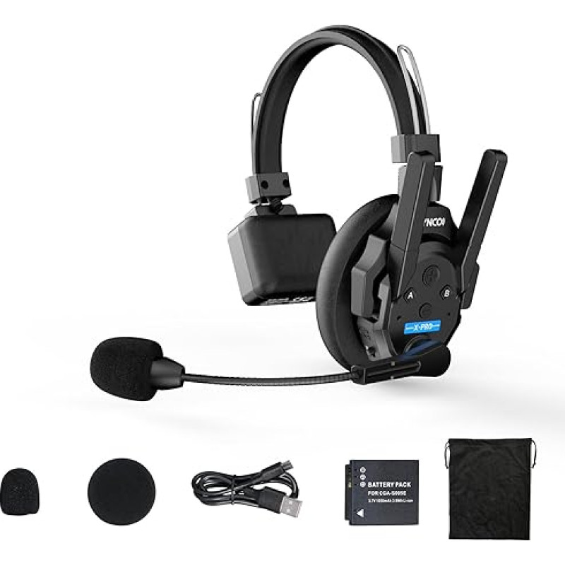 SYNCO XTALK XPRO1 Wireless Intercom Headset, 2.4 GHz Full Duplex Radio, 24 H Battery Life, 500 m Range, Real-time Team Communication, Wireless Intercom Headphones