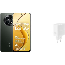 realme 12 x 5G išmanusis telefonas 6 + 128 GB, 50 MP AI kamera, 5G Dual SIM Dual Standby, TÜV SÜD 48 mėn. veikimo apsauga, 120 Hz Eye Comfort ekranas, 360° NFC, švytintis juodas + SUPERVOOC 67 W maitinimo adapteris