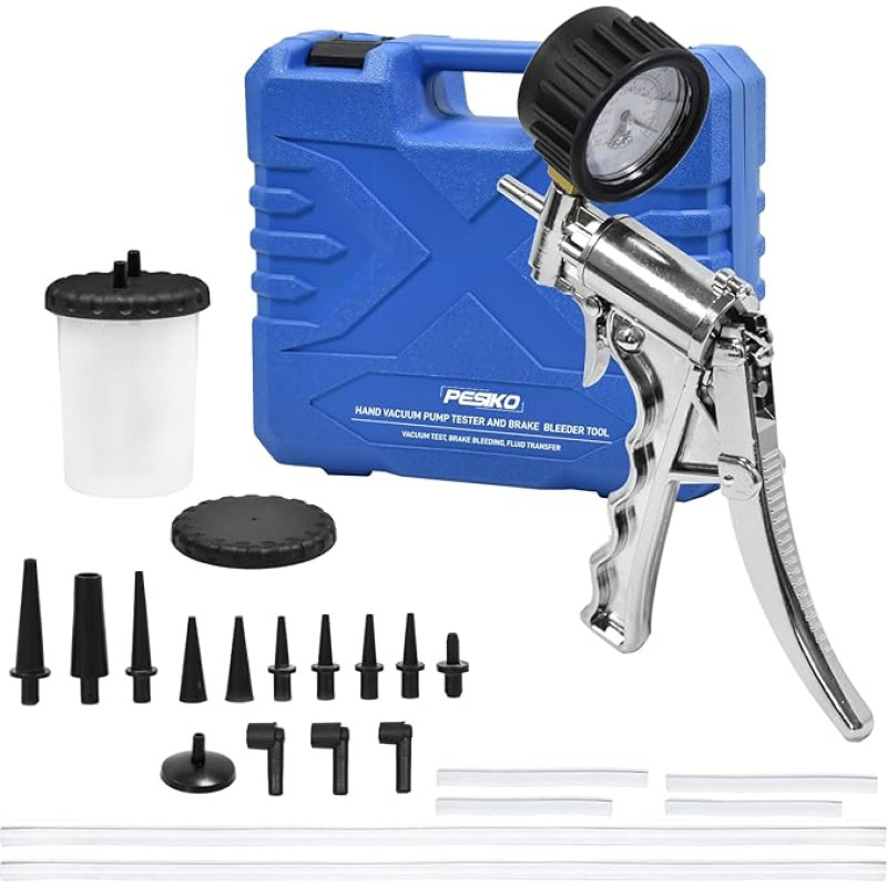PESIKO aliuminio rankinis vakuuminis siurblys automobiliui, stabdžių atleidiklis, motociklo vakuuminis siurblys su smūgiams atspariu manometru ir 14 adapterių