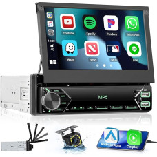 Hikity 1 DIN Carplay Car Radio with Retractable Screen Android Car Radio with 7 Inch Touch Display Radio with Bluetooth Hands-Free Kit FM 2USB AUX Reversing Camera
