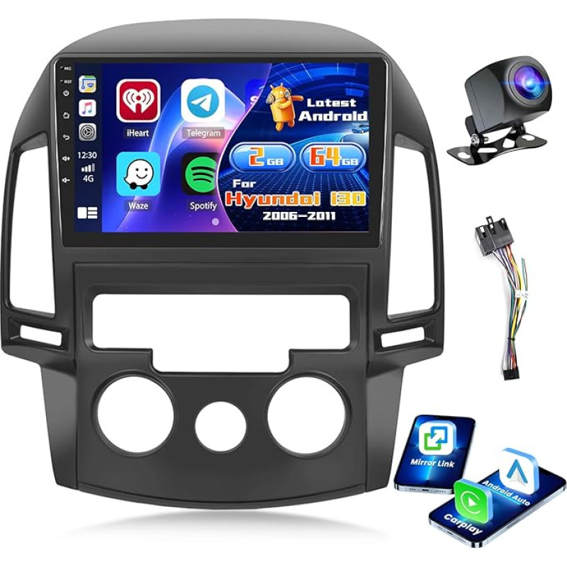 Inefala Radio for Hyundai i30 2006-2011 Android 2+64G with Wireless CarPlay Android Car, 9 Inch Screen with EQ 26UI FM RDS GPS Bluetooth WiFi SWC AHD Rear View Camera