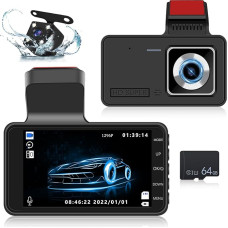 NHOPEEW 1080P Full HD Dash Cam with Reversing Camera - 4 Inch Dash Cam Screen Support G-Sensor/Loop Recording/Night Vision/Parking Monitoring + 64G SD Card