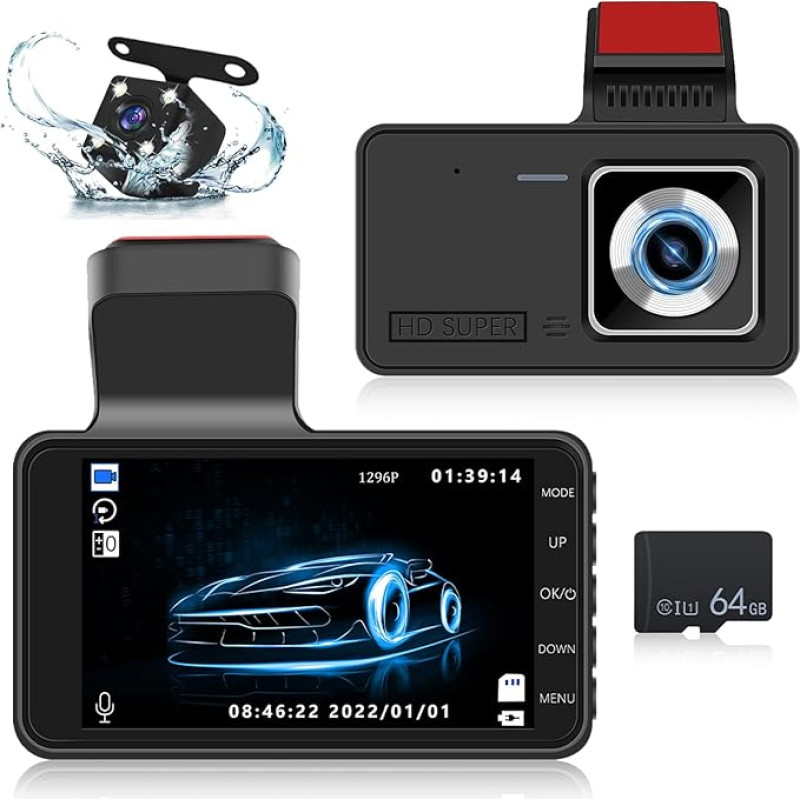 NHOPEEW 1080P Full HD Dash Cam with Reversing Camera - 4 Inch Dash Cam Screen Support G-Sensor/Loop Recording/Night Vision/Parking Monitoring + 64G SD Card