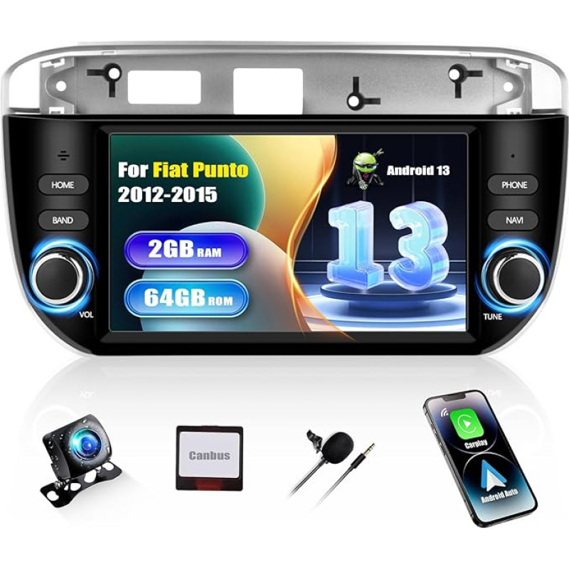 [2+64G] SIXWIN Android 13 Autoradio für FIAT Punto 2012-2015 mit Carplay/Android Auto/Mirrorlink, HD 7 Zoll Touchscreen mit GPS WiFi FM/RDS Bluetooth+MIC+Rückfahrkamera