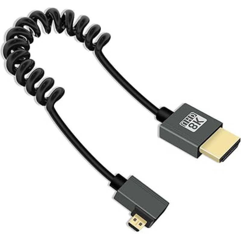 8K Micro HDMI to HDMI Spiral Cable 2.2 ft, Spring Spiral HDMI to Micro HDMI Cable, Short Cable 2.1 8K @ 60Hz 48Gbps for Camera/Camcorder/HDTV/Tablet (Right)
