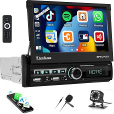 Autoradio 1 Din mit Wireless Carplay Android Anto Bluetooth 7 Zoll Motorisierte Bildschirm Ausfahrbarem Display 2 USB/AUX/TF/FM Radio Mirrorlink SWC + Rückfahrkamera Mic Fernbedienung