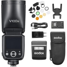 Godox V100S Round Head Camera Flash, 100W TTL Speedlite Touch Control Screen, Built-in LED Setting Lamp with Removable Sub Flash, AK-R1 Kit, Diffuser Board Compatible with Sony Cameras