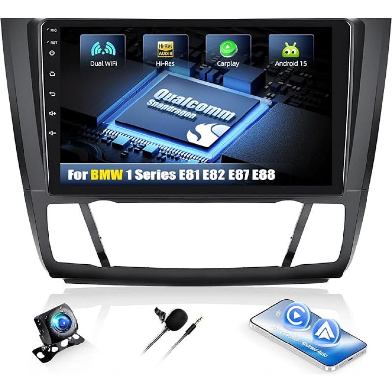 CAMECHO Android 15 Qualcomm Octa Core 3G + 32G automobilinis radijas BMW 1 serijos E81 E82 E87 E88 su Carplay Android automobilinė navigacija Dual WiFi 9 colių QLED ekranas su Navi Bluetooh5.1 FM/RDS + galinis vaizdas