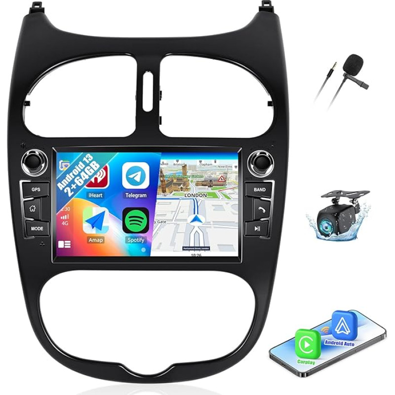 CAMECHO 2+64G 7 Inch Navigation Car Radio for Peugeot 206 1998-2016 Citroen C2 2004-2008, Android 13 Wireless Carplay Bluetooth HD Radio with Android Car WiFi FM/RDS GPS Mirror Link + Canbus Rear View