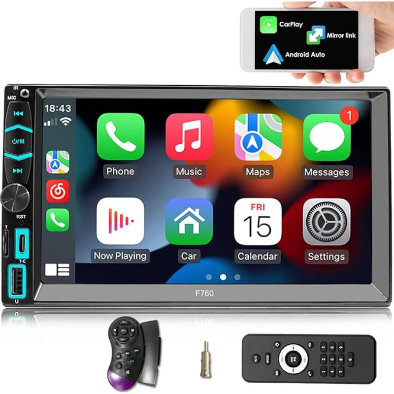 Apple Carplay Display, Android Car Display 7 Inch 2 DIN Radio Car Radio Bluetooth 5.1, Car Play Display with Screen Touch Screen, 7 Colourful Lights, Phone Link, Rear View Camera+, RDS, Type-C,