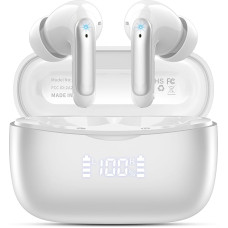 Bluetooth Headphones, Wireless Bluetooth 5.3 In-Ear Headphones with 4 ENC Noise Cancelling Mic, 56H HiFi Stereo Deep Bass Playtime, IP7 Waterproof Earphones LED Display, Touch Control, White