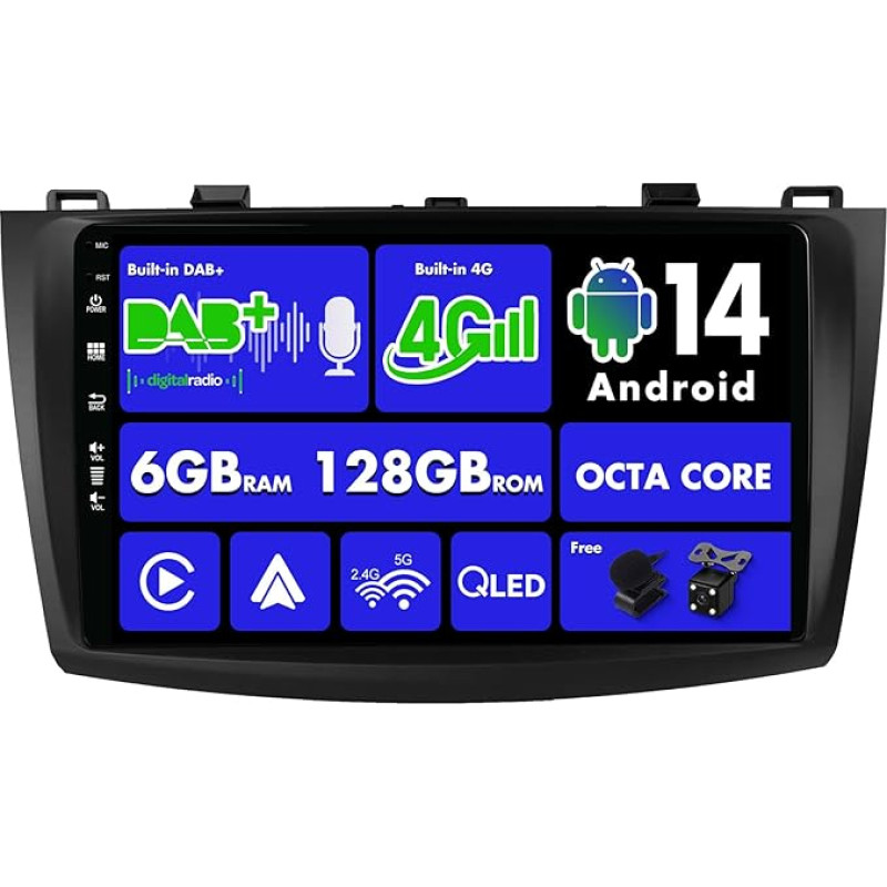 SXAUTO Android 14 - Integruotas 4G LTE DAB - 6G+128G - Autoradio für Mazda 3 (2009-2015) - Dual Band WiFi - CarPlay Android Auto - Kamera + MIC - DSP Lenkradsteuerung - QLED 9 Zoll 2 Din 8-Core