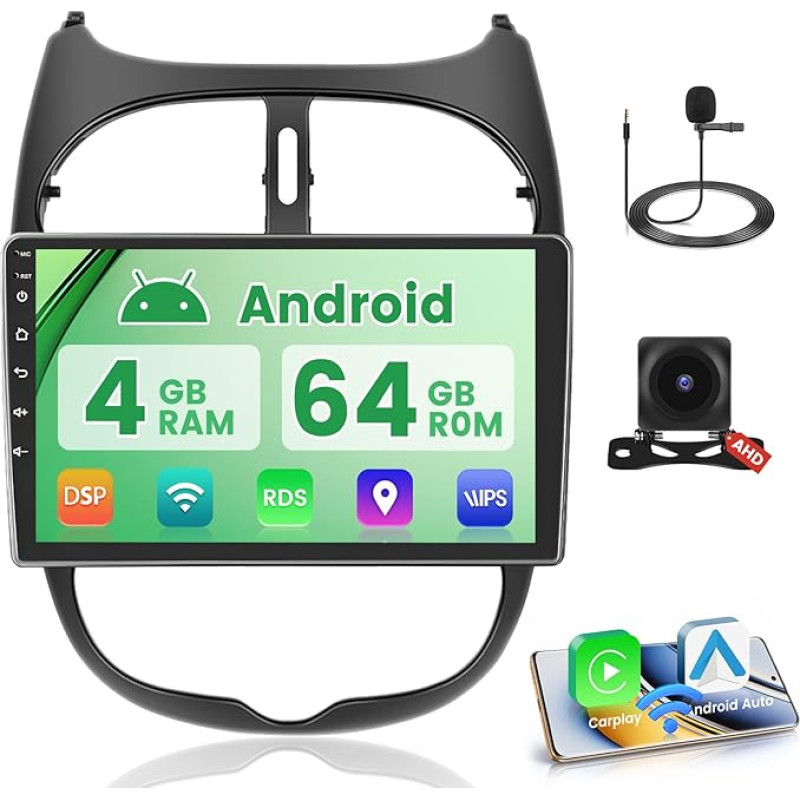 4+64GB Android 13 automobilinis radijas Peugeot 206/206CC 2001-2016 Cirteon C2 Belaidis Carplay Android automobilis, 9 colių ekranas Bluetooth automobilinis radijas navigacija atbulinės eigos kamera WiFi FM RDS radijas SWC