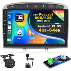 4G + 64G Car Radio for Peugeot 308/408 2007-2015, 9 Inch Touchscreen Radio Bluetooth with Wireless CarPlay and Android Car, GPS, WiFi, RDS, FM, USB, SWC, Microphone, Reversing Camera
