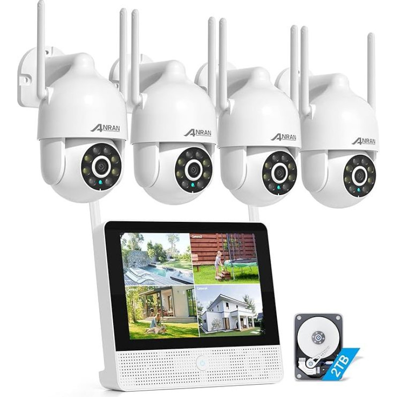 ANRAN Surveillance Camera Set Outdoor WLAN, 5MP NVR and 4 Pieces 5MP PTZ WiFi Cameras with Colour Night Vision, 2-Way Audio, 2TB HDD