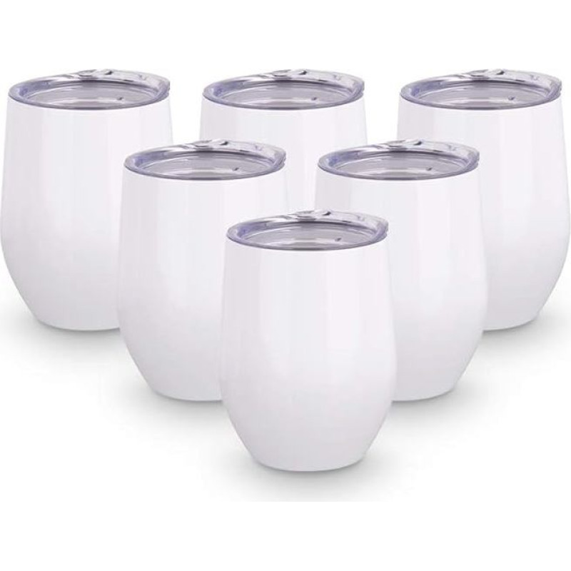 Sublimation Blanks Wine Glasses White 12oz Stainless Steel Insulated Stemless Wine Glasses with Lids Pack of 6