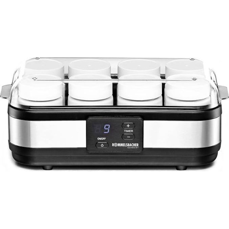 ROMMELSBACHER jogurto gaminimo aparatas JG 40 - iki 1200 g jogurto, LCD ekranas, 18 valandų laikmatis, automatinis išsijungimas, elektroninė temperatūros kontrolė, 8 150 ml indeliai, 40 W