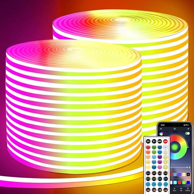 40 m LED Neon Rope Control with App/Remote Control, Flexible LED Rope Strip, Multiple Modes, IP65 Outdoor RGB Neon Lights, Waterproof, Music Sync Gaming LED Neon Strip Lights for Bedroom Décor