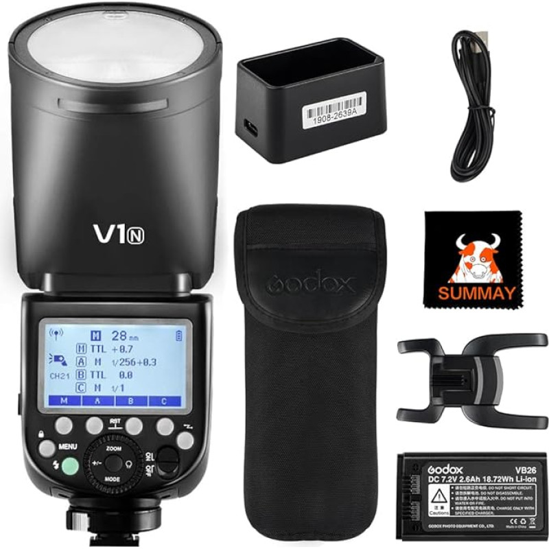 Godox V1-N TTL Round Camera Flash for Nikon Camera 7.6Ws 1 / 8000HSS 480 Full Power Shots 1.5 Second Recycling Time 26OOmAh Rechargeable Battery