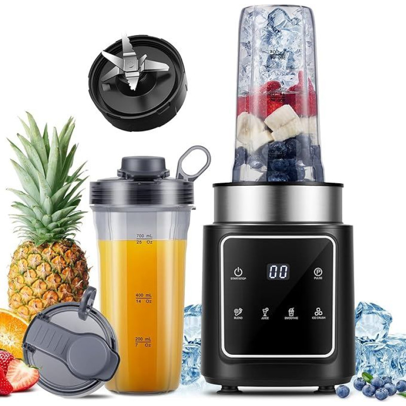 TWOMEOW Mixer, 4 Programmes and Pulse Function, 1500 W, Professional Ice Crushing Blades for Stand Mixer, 2 x 900 ml Sports Water Bottles, for Automatic Crushing and Freezing of Fruit