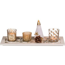 Out of the Blue 950094 Christmas Decoration Set, White Wooden Tray with Tea Light Holders, Tea Light, Candles and Decoration, Approx. 36 x 14 cm