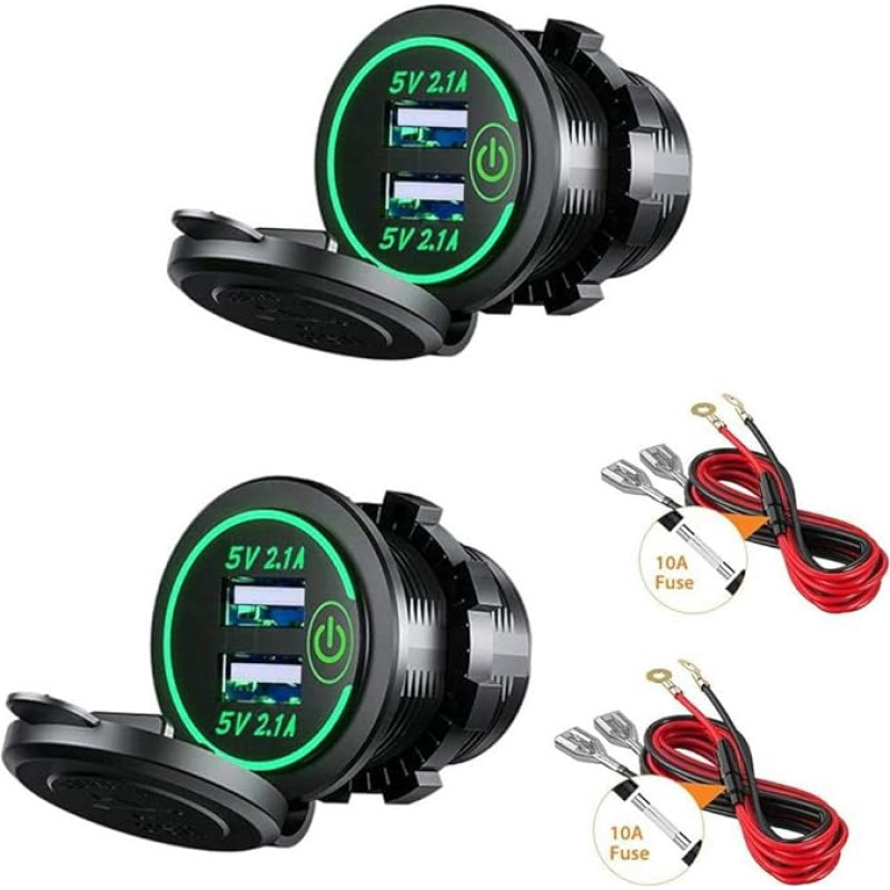 Thlevel 2X Auto USB Ladegerät KFZ USB Steckdose 5V 4.2A Schnellladung mit LED Anzeige, wasserdichte und Staubdicht, für 12V~24V Fahrzeuge KFZ Boot Motorrad SUV Bus LKW Wohnwagen Marine (Grün)