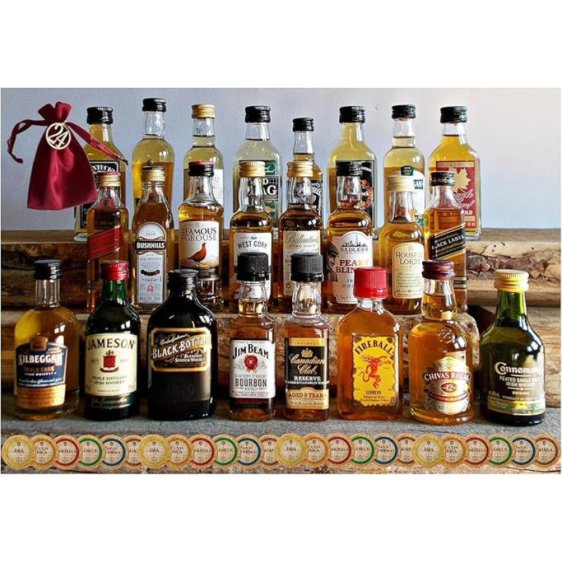 Adventskalender 24 Original Whisky Miniaturen je 50ml/40ml + 24 Edelschokoladen + 24 Satinbeutel + 24 Holznummern