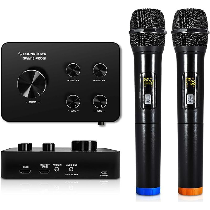 Sound Town Wireless Microphone Karaoke Mixer System, Supports HDMI ARC, Optical (Toslink), Smart TV, Media Box, PC, Bluetooth, Soundbar, Receiver, AUX (SWM15-PROS)