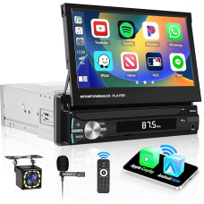 1 DIN Touchscreen Car Radio, Carplay Android Car Wireless, 7 Inch Manual Extendable Image Screen, Car Radio Touch Display, Bluetooth with FM USB AUX SWC Mirror Link Mic Reversing Camera