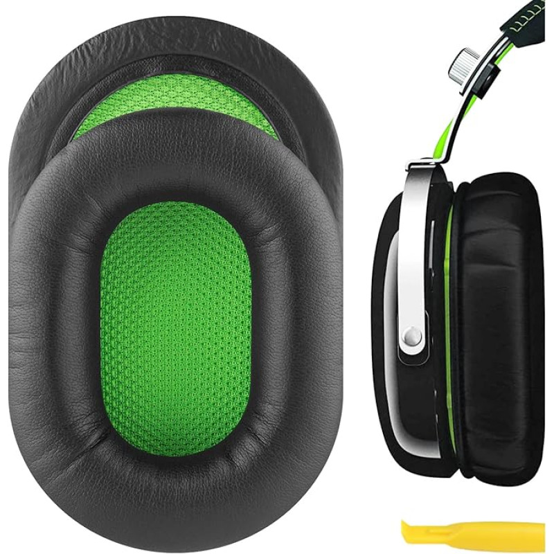 Geekria QuickFit Replacement Protein Leather Ear Pads for Razer BlackShark Stereo Gaming Headphones Ear Pads Repair Parts (Black/Green)