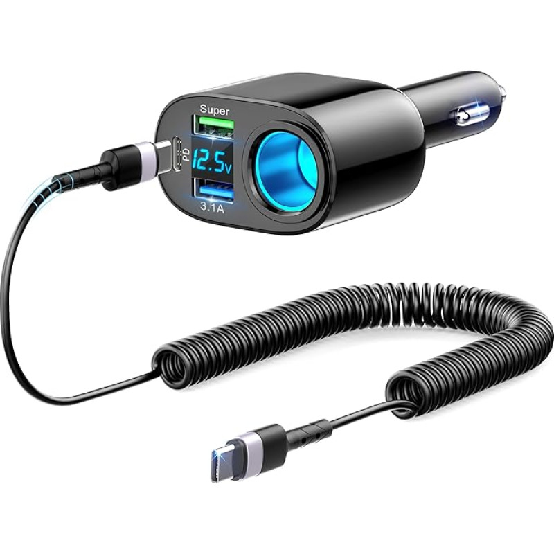 Cigarette Lighter Splitter 111 W Car Charger Cigarette Lighter USB C Car Adapter Charger with 90 W Socket & 66 W USB Super Fast Charging & PD3.0 & QC3.0 for iPhone Samsung GPS Dash Camera