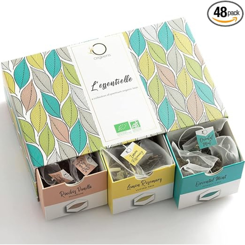 Organic Tea Set, Gift Set, Premium Tea Assortment, 6 Varieties, Natural Flavours, Tasting Set 48 Bags, Gift Idea