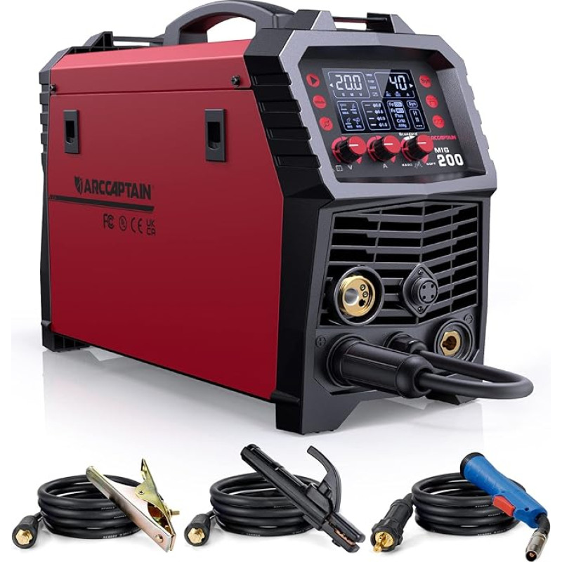 ARCCAPTAIN MIG MAG Welding Machine 200 Amps, 7 in 1 Fully Synergic Welding Machine Flux Cored Wire/MAG/MIG Inert Gas Welding Machine/MMA/Lift TIG/Support Spool Gun/Spot Welding, IGBT Inverter230V