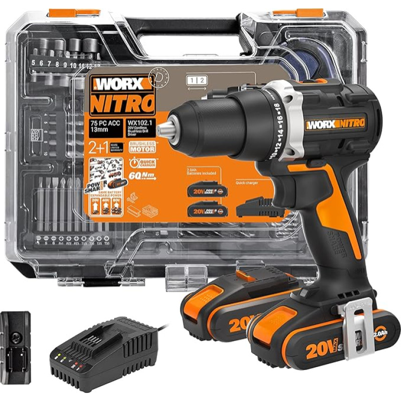 WORX NITRO 18V (20V MAX) WX102.1 PowerShare bešepetėlinis akumuliatorinis gręžtuvas 60 Nm 2 lygių greičio valdymo jungtis su 18+1 padėčių LED apšvietimu 2 x 2Ah akumuliatoriai Įkroviklis 75 dalių priedų rinkinys