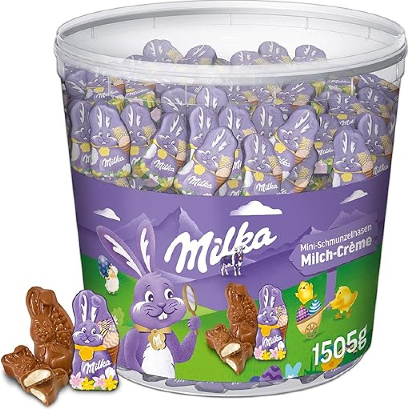 Milka Mini Schmunzelhasen (besišypsantis zuikis), 1 x 1,505 g, velykinis šokoladas, įdarytas pieno kremu, velykiniai saldumynai, pagaminti iš 100 % Alpių pieno šokolado