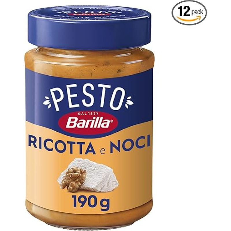 Barilla Pesto Ricotta e Noci 12 x 190 g Itališkas makaronų padažas be glitimo su kreminės rikotos, graikiniais riešutais ir Grana Padano, makaronų padažas, raudonasis pesto