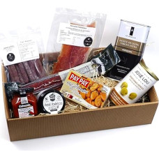 Dovanų dėžutė su alyvuogių aliejumi, saliamiu ir ispaniškais tapasais bei delikatesais